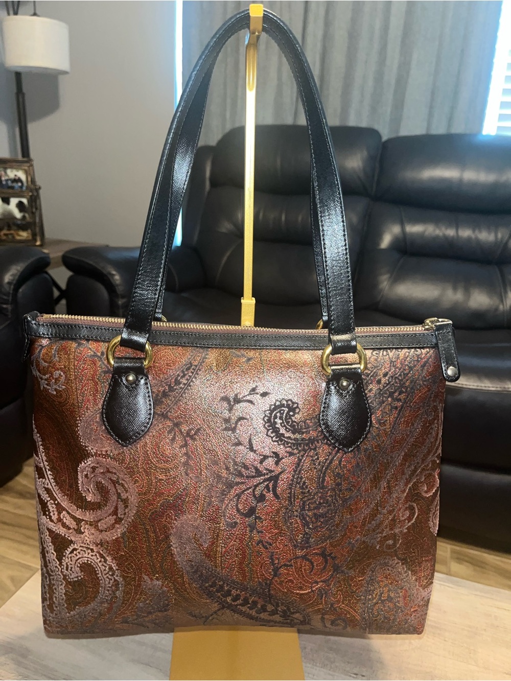 Etro Brown Paisley Tote with Black Leather Handles